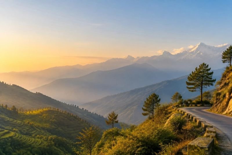 Golden-hour view over layered Himalayan foothills with a winding mountain road